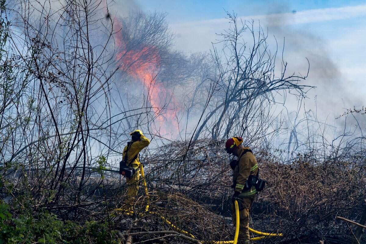 Firefighters from the Sacramento Fire Department work to put out a two-alarm fire near Discovery Park on Friday near the American River.