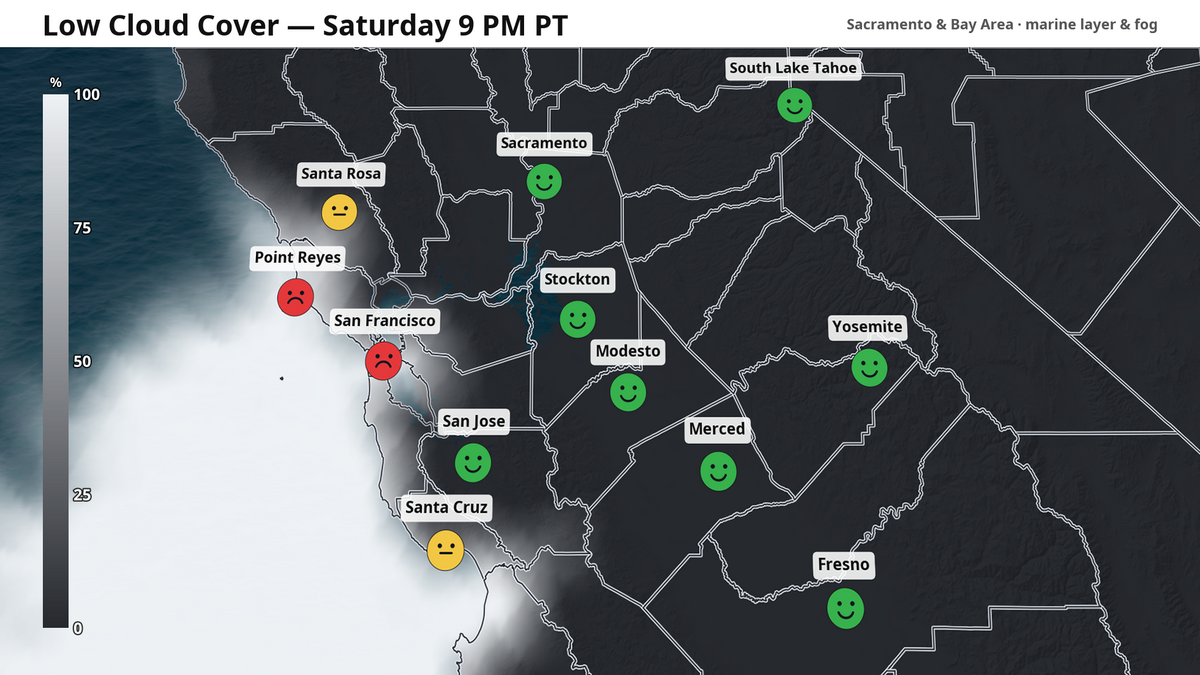 Low clouds and the marine layer on the evening of Saturday, July 4. Icons indicate firework viewing conditions.