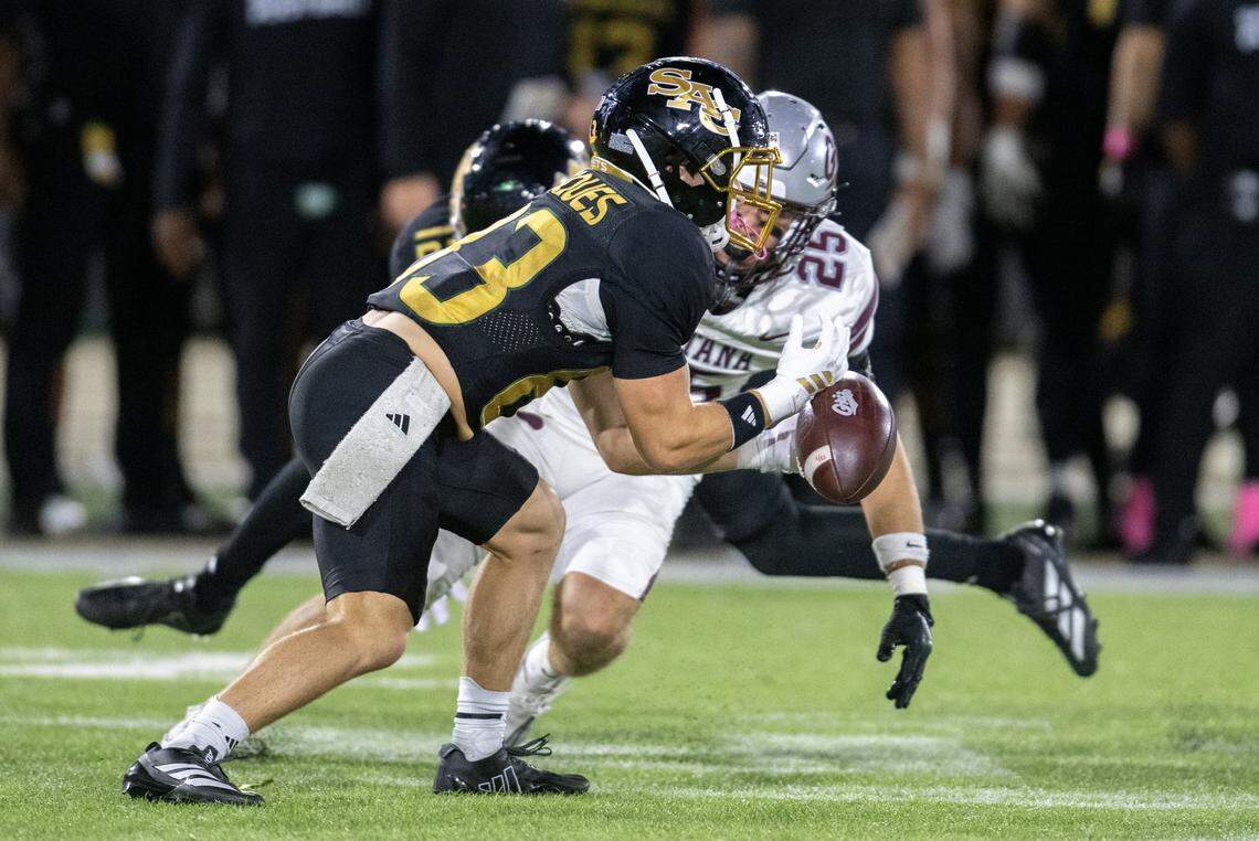 Sacramento State Hornets punt returner Jaxon Fresques fumbles a punt late in the first half against the Montana Grizzlies on Friday at Hornet Stadium in Sacramento.