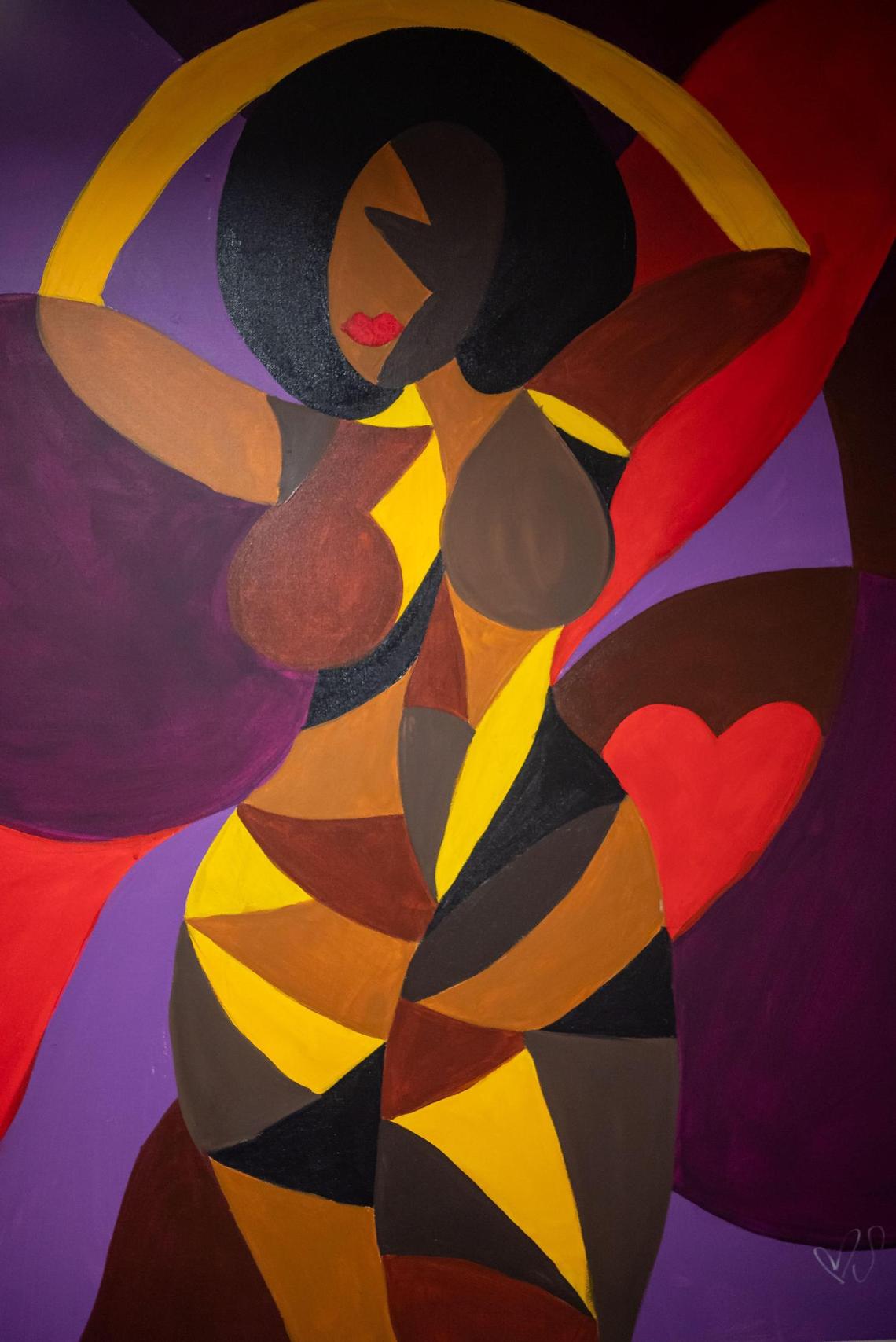 A painting by Shawntay Gorman, of TaystyArt, which she said was inspired by a Nina Simone’s song “Four Women,” is seen in her studio at The Brickhouse Gallery & Art Complex on Wednesday, April 6, 2022, in Sacramento’s Oak Park neighborhood.