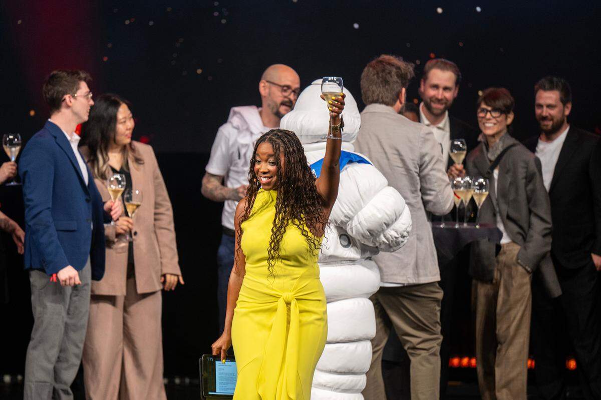 Emcee Java Ingram closes the Michelin Guide California 2025 Ceremony with a toast on Wednesday, June 25, 2025, at the SAFE Credit Union Performing Arts Center.