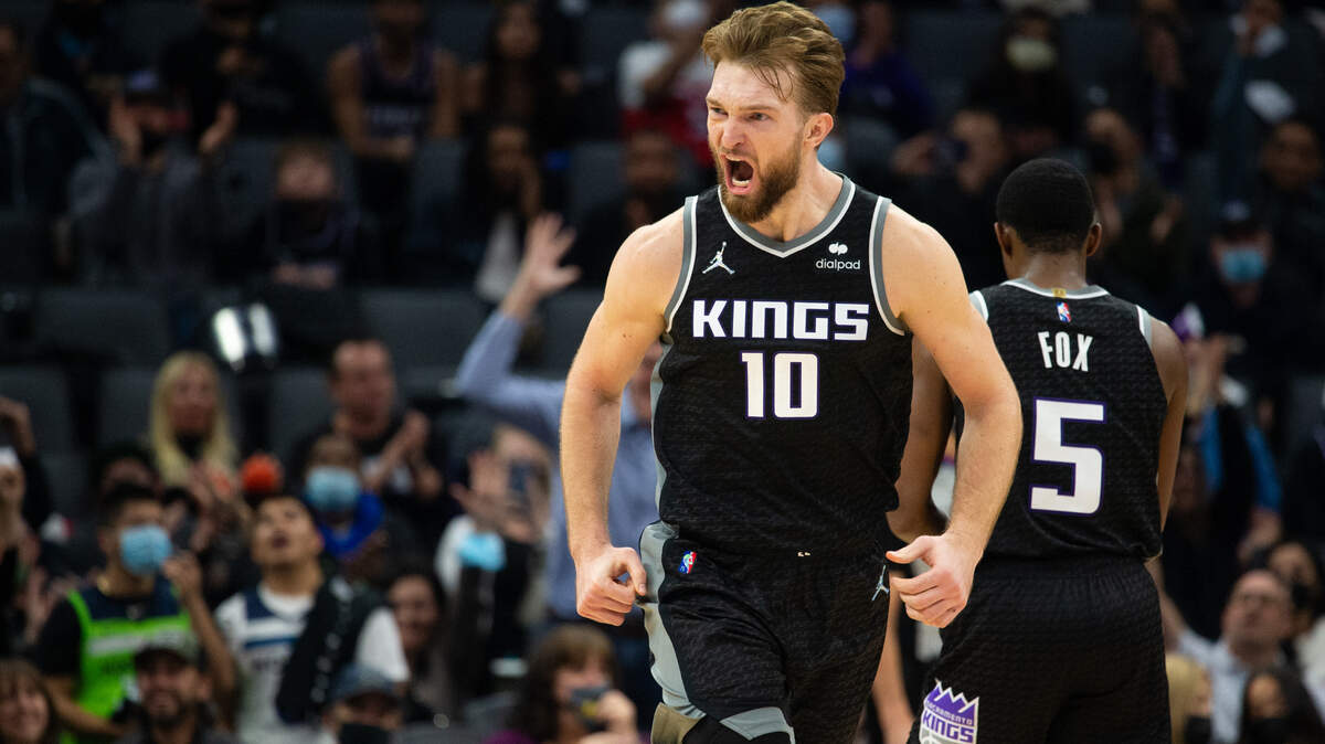 Sacramento Kings center Domantas Sabonis (13) reacts after basket in the fourth quarter during a game at Golden 1 Center on Wednesday, Feb. 9, 2022 in Sacramento.