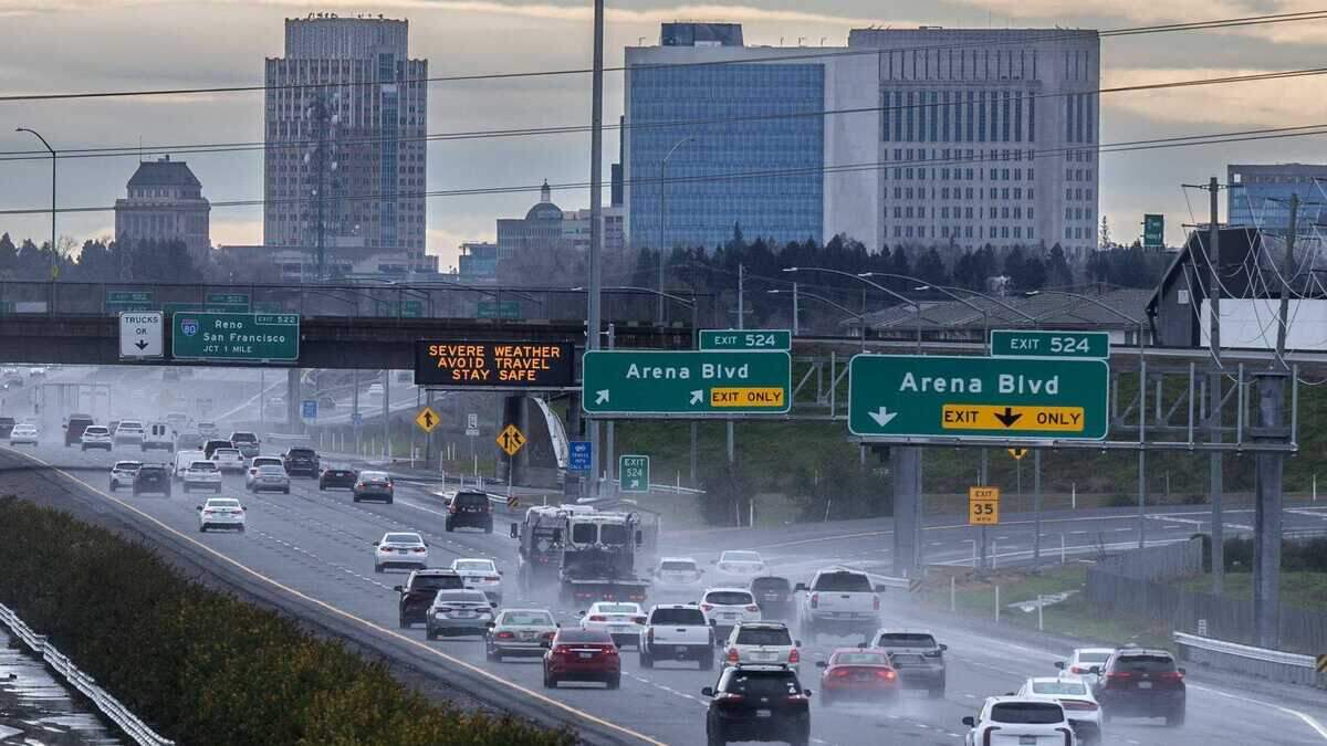 Traffic moves along Interstate 5 in South Natomas toward downtown Sacramento on Feb. 4, 2025. Regional transportation officials are advancing plans to add high-occupancy toll lanes along a roughly 12-mile stretch of the freeway between Sacramento International Airport and Highway 50.