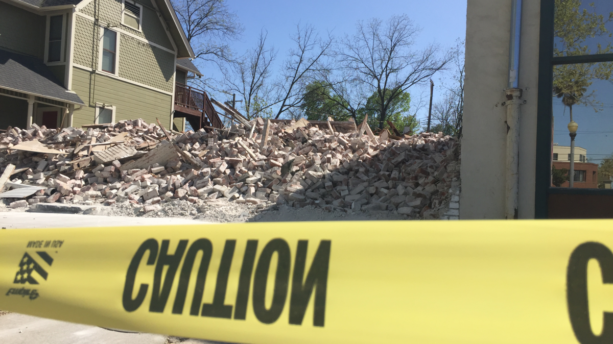 The 1915 brick building formerly home to Esther's Bakery was demolished Saturday, April 7.