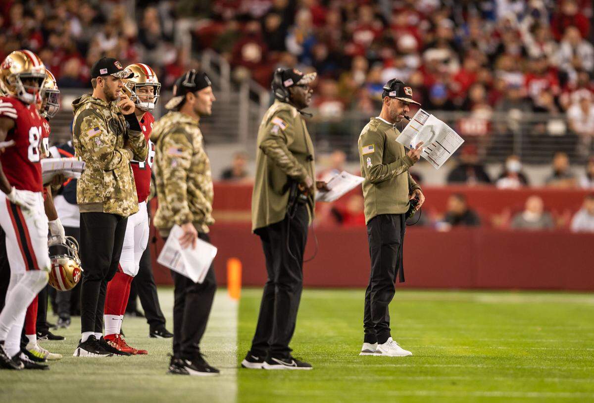 San Francisco 49ers head coach Kyle Shanahan, right, leads the San Francisco 49ers to a 31-10 win over the Los Angeles Rams during the NFL “Monday Night Football” game in November at Levi’s Stadium.