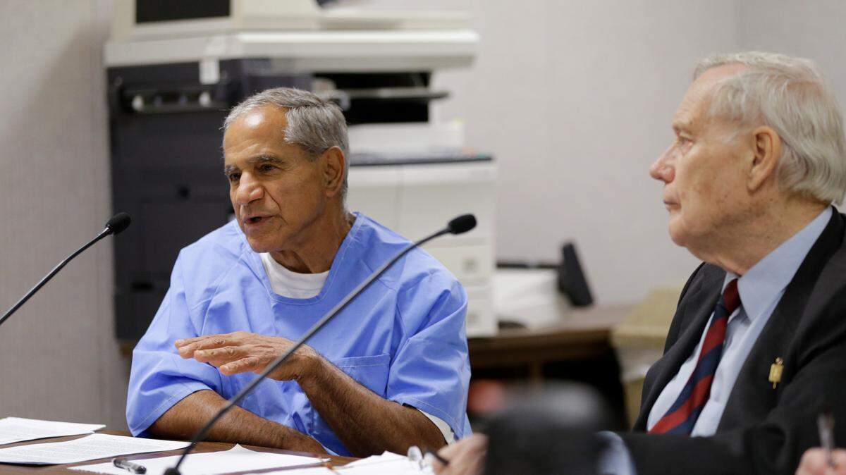 Sirhan Sirhan reacts alongside his attorney William Pepper during a parole hearing Wednesday, Feb. 10, 2016, at the Richard J. Donovan Correctional Facility in San Diego. For the 15th time, officials denied parole for Sirhan Sirhan, the assassin of Sen. Robert F. Kennedy, after hearing Wednesday from another person who was shot that night and called for the release of Sirhan.