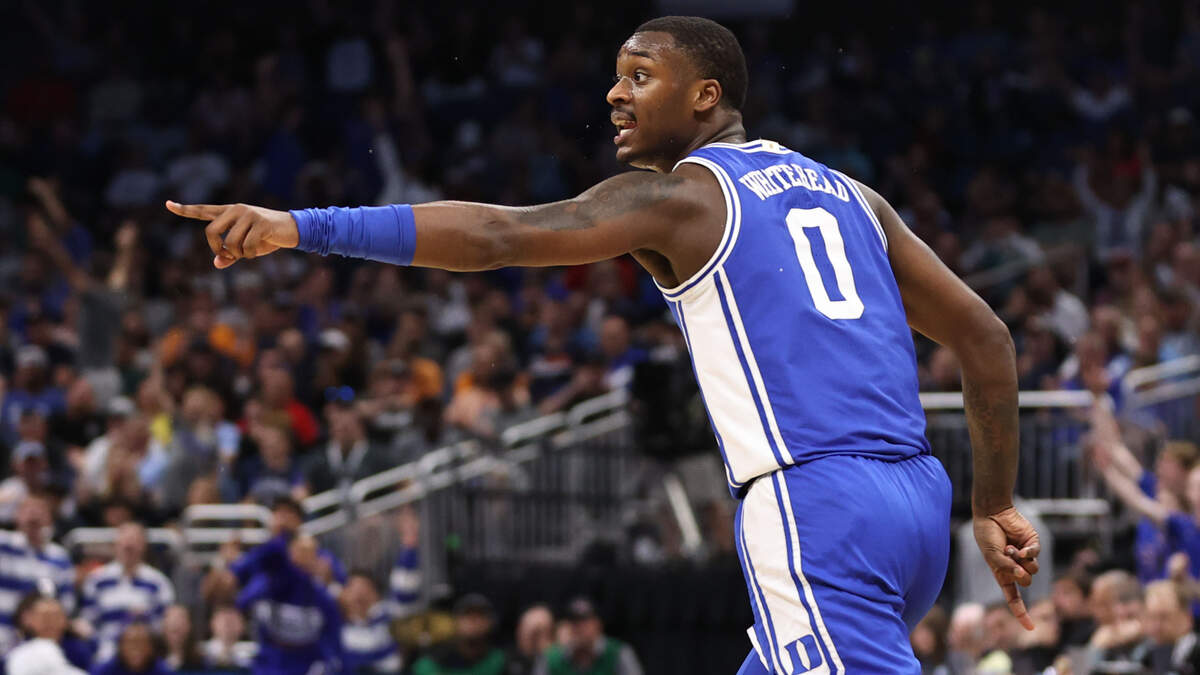 Duke Blue Devils guard Dariq Whitehead (0) reacts after a basket against the Tennessee Volunteers during the first half in the second round of the 2023 NCAA Tournament at Legacy Arena on March 18, 2023, in Orlando, Florida.