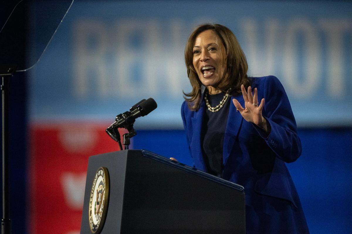 Democratic presidential candidate Vice President Kamala Harris speaks during a campaign stop at the Reno Events Center on Thursday.
