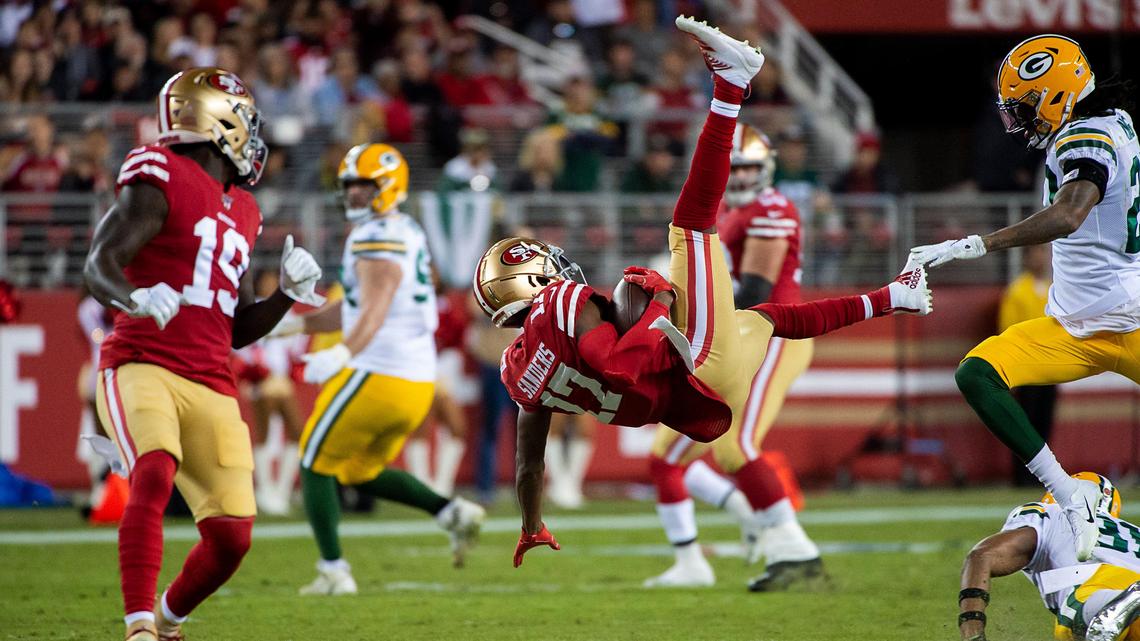 San Francisco 49ers’ Emmanuel Sanders (17) gains 10 yards agains the Green Bay Packers in the first quarter during a game at Levi’s Stadium on Sunday, November 24, 2019 in Santa Clara.