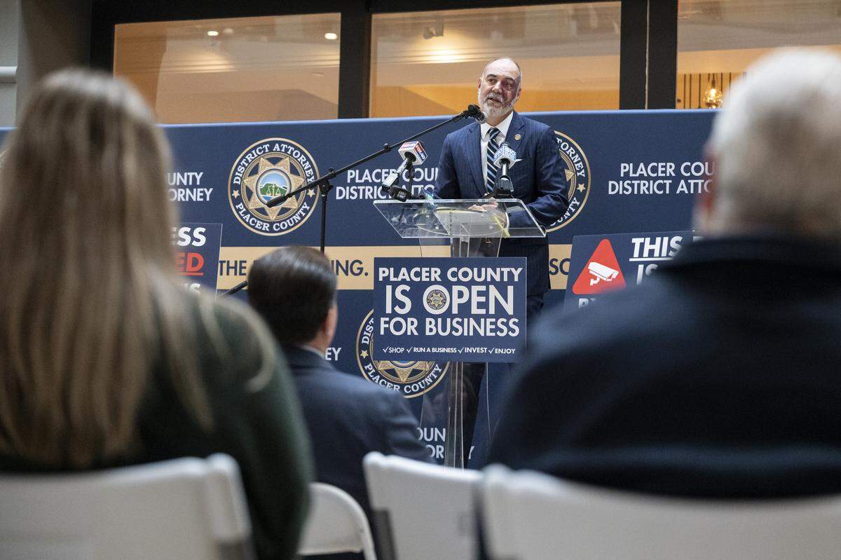 Placer County District Attorney Morgan Gire speaks Wednesday during a news conference on preventing and solving retail theft at the Roseville Galleria.