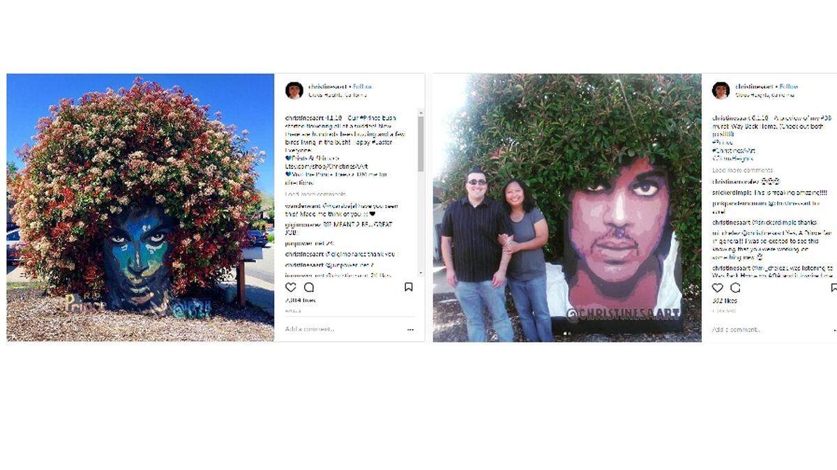 Citrus Heights artist Christine Stein posted photos of her original Prince tribute mural (left) to Instagram on April 1, 2018. On June 1, she gave a sneak preview of her replacement mural of the musician. The original was worn down by weather.