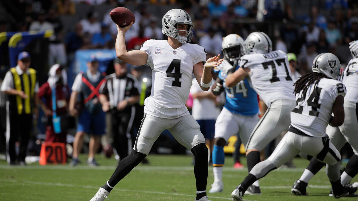 Raiders quarterback Derek Carr throws a pass in a 26-10 loss to the Los Angeles Chargers while left tackle Kolton Miller (77) blocks Sunday, Oct. 7, 2018 in Carson. Carr, the former Fresno State star, hit 24 of 33 passes for 268 yards with one touchdown and one interception.