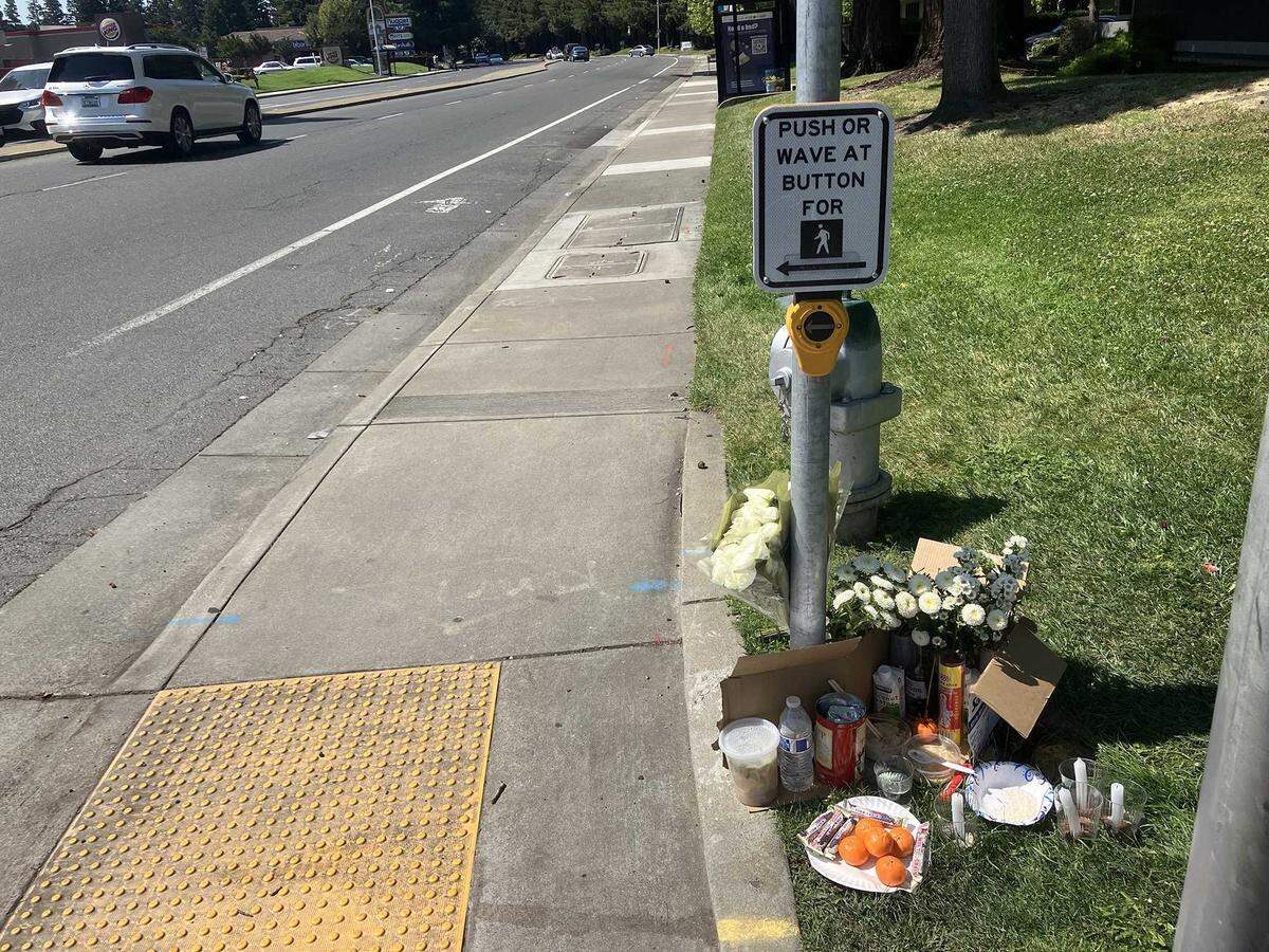A memorial sits Monday, June 9, 2025, at Florin Road and Greenhaven Drive near where Huynh Huu Duc Nguyen, 30, of Elk Grove, was killed Saturday after a parolee crashed into his car and five other vehicles while fleeing Sacramento police.
