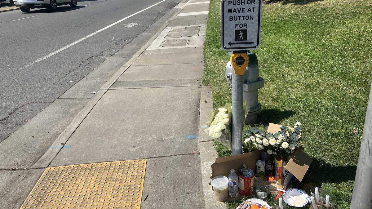 A memorial sits Monday, June 9, 2025, at Florin Road and Greenhaven Drive near where Huynh Huu Duc Nguyen, 30, of Elk Grove, was killed Saturday after a parolee crashed into his car and five other vehicles while fleeing Sacramento police. Nguyen’s wife in December filed a civil lawsuit against the city, Sacramento Police Department, Sacramento County and the driver in the pursuit.