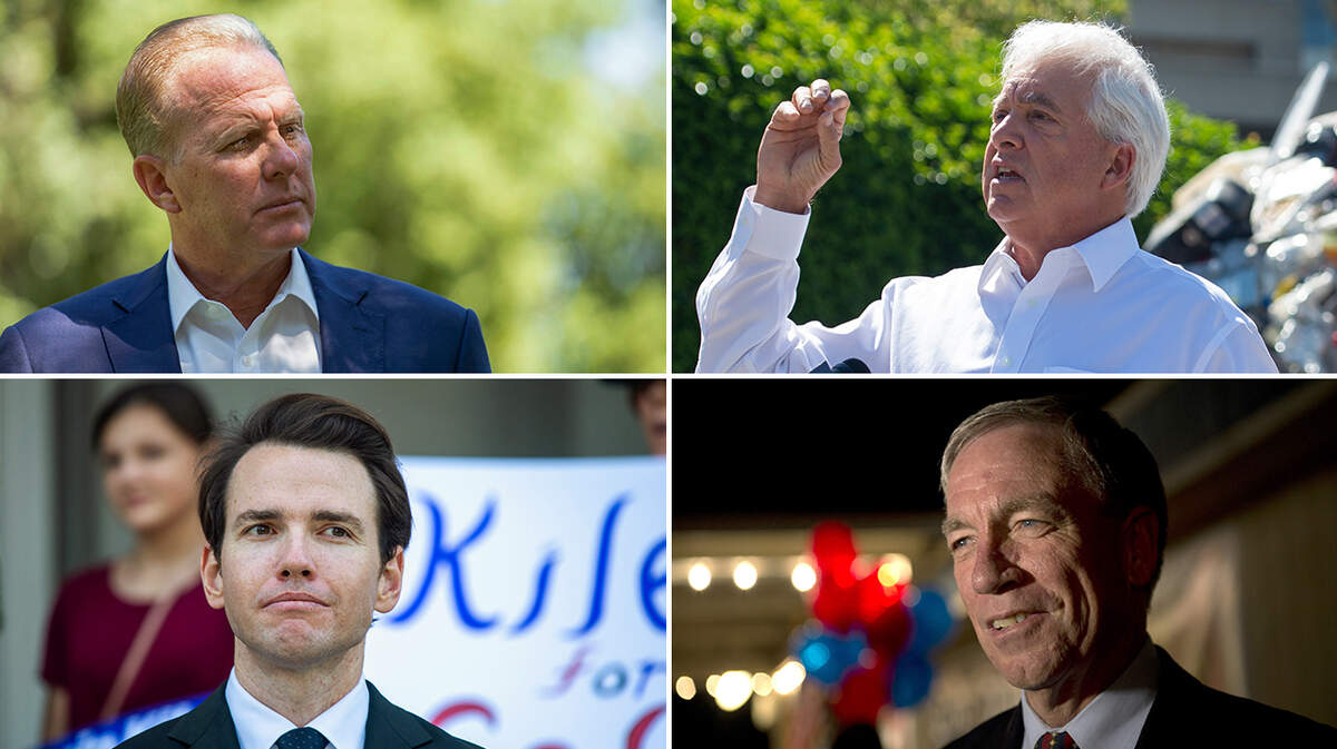 Republican recall candidates (clockwise from top right) John Cox, Doug Ose, Kevin Kiley and Kevin Faulconer are scheduled to debate on Wednesday, Aug. 4., at the Richard Nixon Presidential Library and Museum in Yorba Linda.