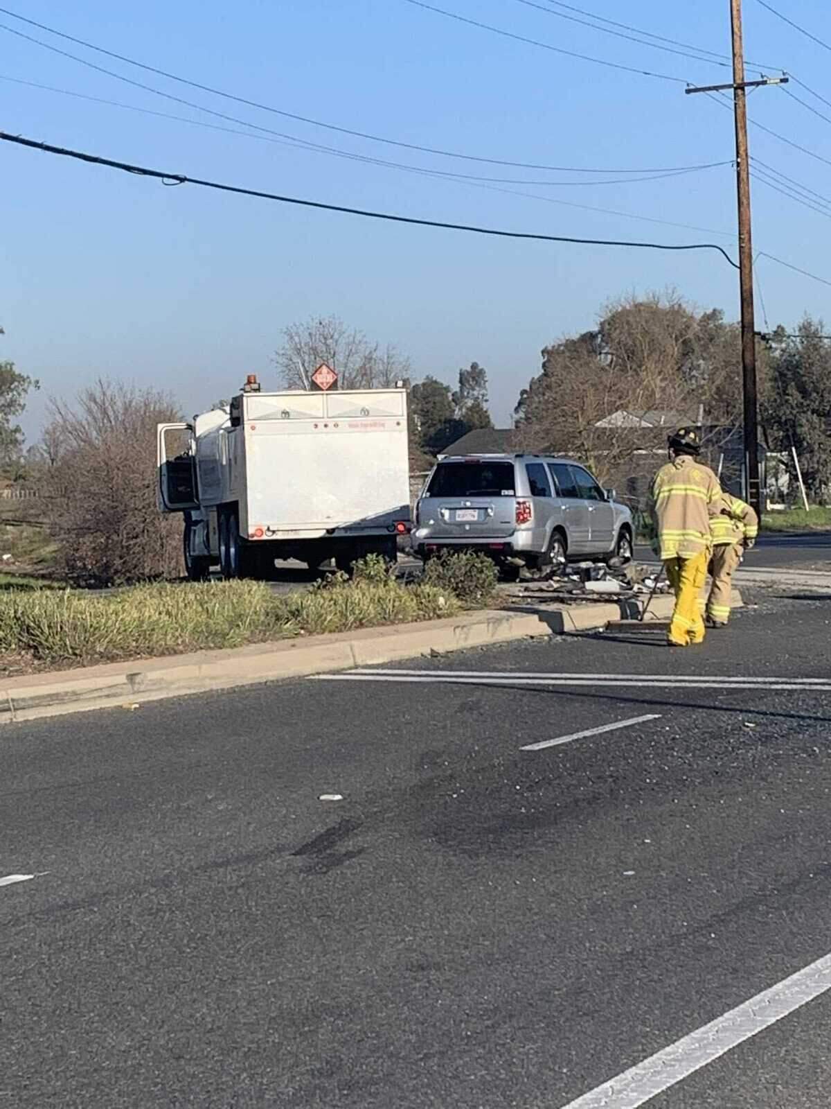 A fuel truck crashed with a school bus about 8:30 a.m. Friday Feb. 11, 2022, at Rogers and Bradshaw roads in south Sacramento, California.