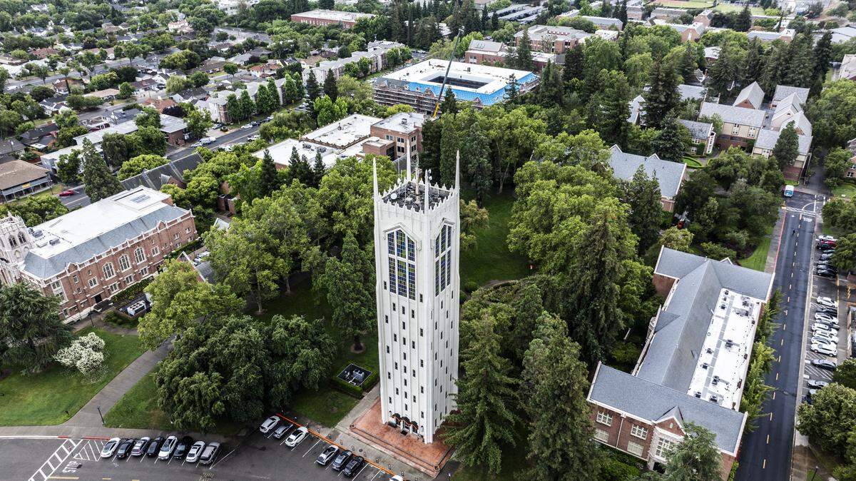 An aerial view of the Robert E. Burns Tower at the University of the Pacific on Thursday, May 28, 2026. The university announced plans for the launch of a medical school on the Stockton campus.