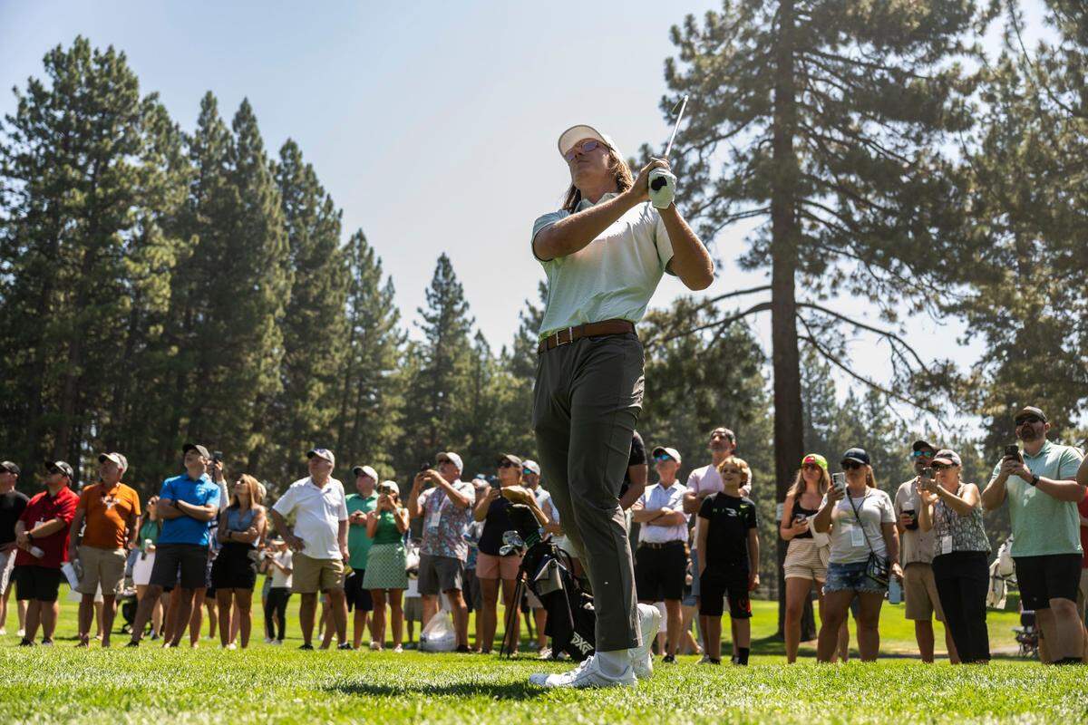 Jacksonville Jaguars quarterback Trevor Lawrence watches his ball travel out of bounds into the gallery during the final day of the American Century Championship celebrity golf tournament at Edgewood Tahoe Resort in Stateline, Nev., on Sunday, July 13, 2025.