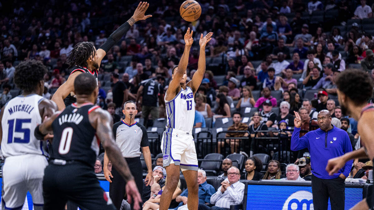 Sacramento Kings forward Keegan Murray (13) shoots and hist a three point basket against Portland Trail Blazers on Sunday, Oct. 9, 2021 during an exhibition NBA basketball game at Golden 1 Center in Sacramento.