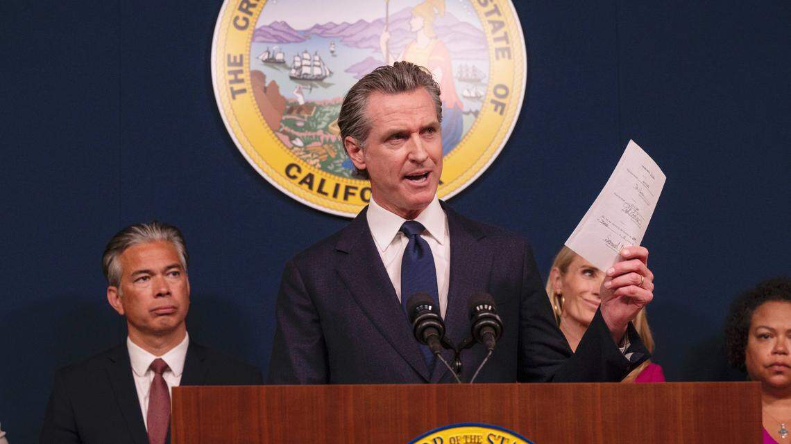 Gov. Gavin Newsom reacts on June 24 in Sacramento to the U.S. Supreme Court’s decision overturning Roe v. Wade. Before the landmark court ruling was overturned, Newsom asked, “Where the hell is my party? Where’s the Democratic Party?”