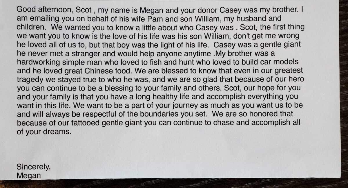 An email&nbsp;written by Megan Tyra, the sister of Scot Pollard’s organ donor, describes her brother Casey Angel as “a gentle giant” who “would help anyone anytime.”&nbsp;
