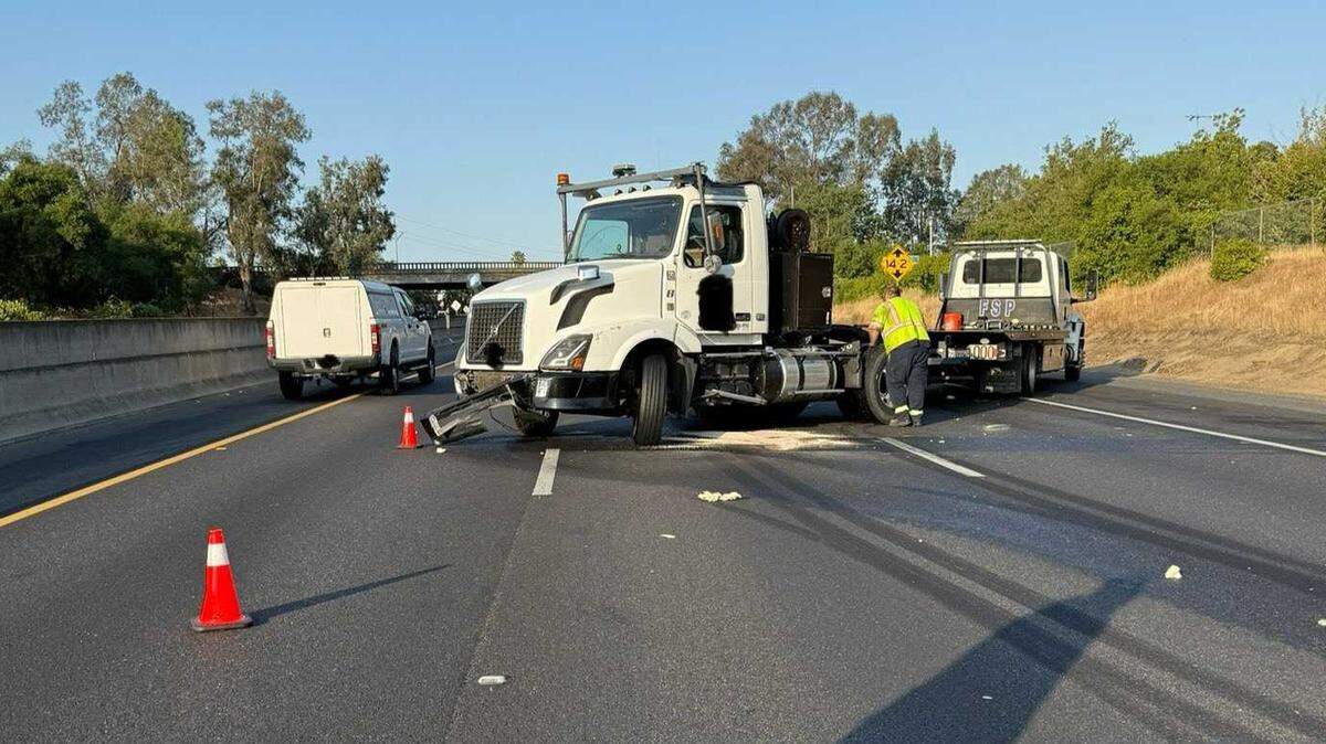 A truck that had jackknifed Friday, June 6, 2025, on the Capital City Freeway has caused the closure of southbound lanes near the freeway’s merge with Interstate 80.