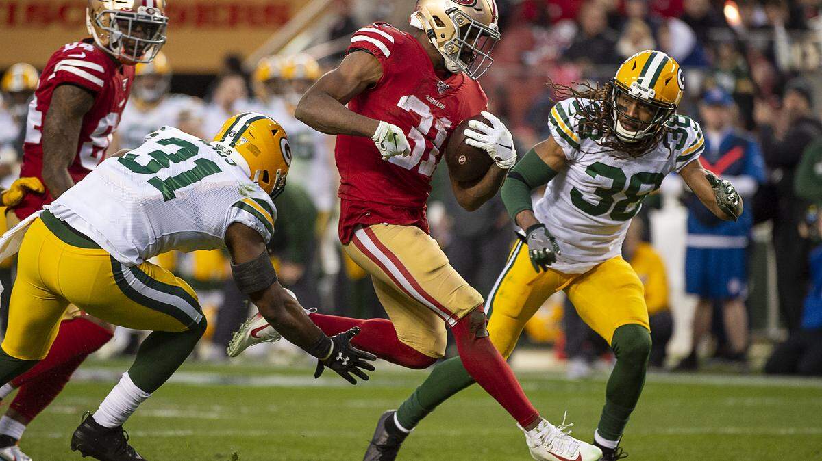 San Francisco 49ers running back Raheem Mostert (31) runs for a touchdown in the second quarter against the Green Bay Packers during the NFC Championship at Levi’s Stadium on Sunday, Jan. 19, 2020 in Santa Clara.