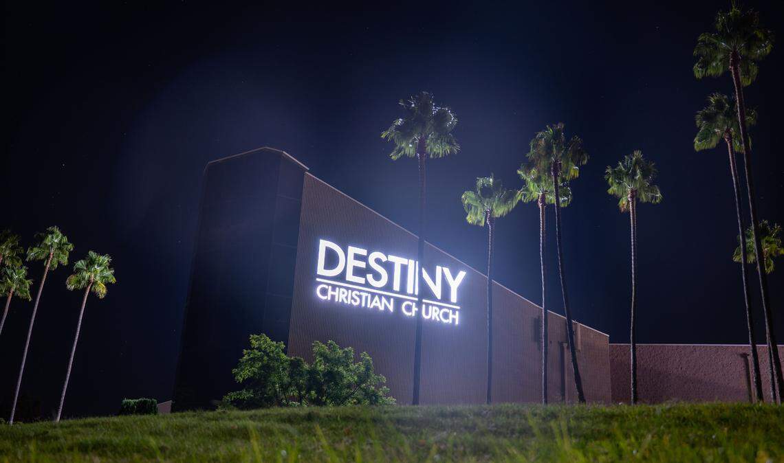 The new Destiny Christian Church logo, visible from Highway 50 in Rosemont, glows on Friday after its adjacent high school defeated the Linden Lions.