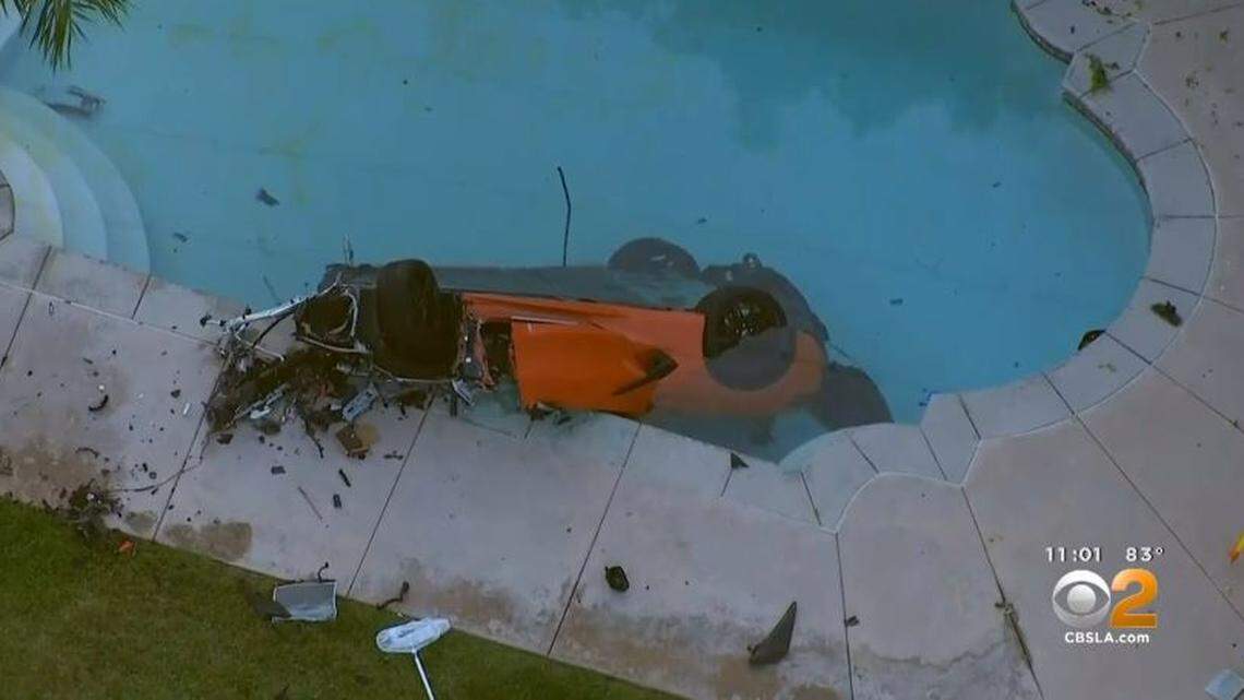 A car hit a center median and flew into a nearby swimming pool early Wednesday in Chino, California, killing two and injuring one, police say.