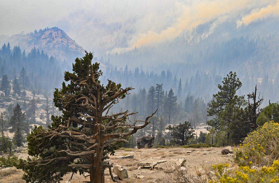 Smoke from the Caldor Fire fills a valley between Strawberry and Camp Sacramento on Highway 50 on Sunday.