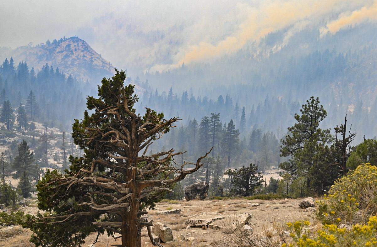 Smoke from the Caldor Fire fills a valley between Strawberry and Camp Sacramento on Highway 50 on Sunday, Aug. 29, 2021.