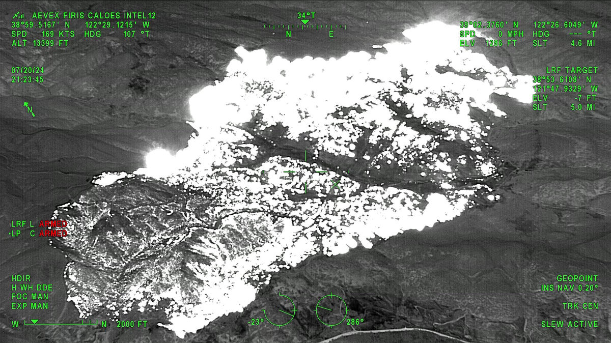 The Ridge Fire, which sparked Saturday, July 20, 2024, in Lake and Colusa counties is seen from an aerial mapping plane known as FIRIS about 9:30 p.m. Fire crews worked overnight under moderating conditions to keep the fire from spreading beyond 2,500 acres.