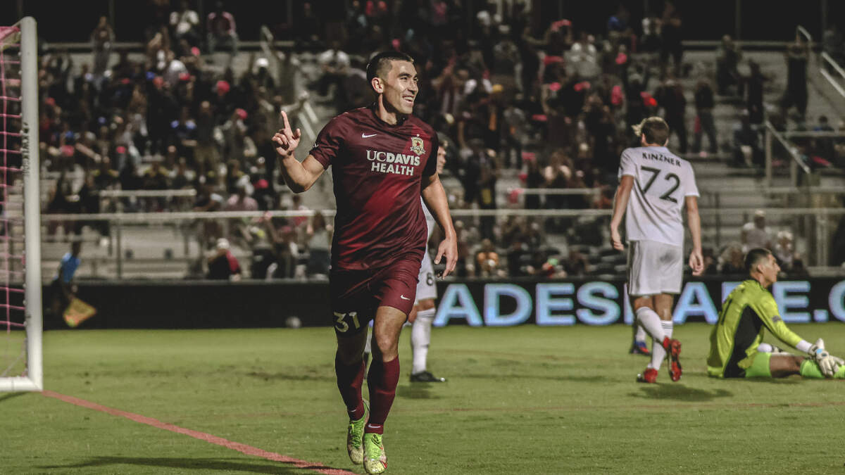 Sacramento’s Cam Iwasa celebrates his goal, which gave Republic a 1-0 lead over Tacoma on Saturday night.