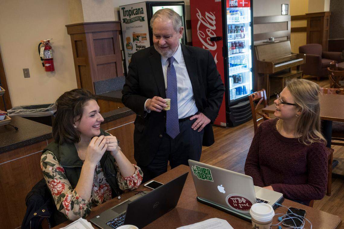 Larry Arnn, the president of Hillsdale College, speaks with students on campus in Hillsdale, Mich., Dec. 9, 2016. This private college of 1,400 students describes itself as “nonsectarian Christian” and dedicated to “civil and religious liberty” has come to play an active role in an ecosystem of conservative thought and policy.