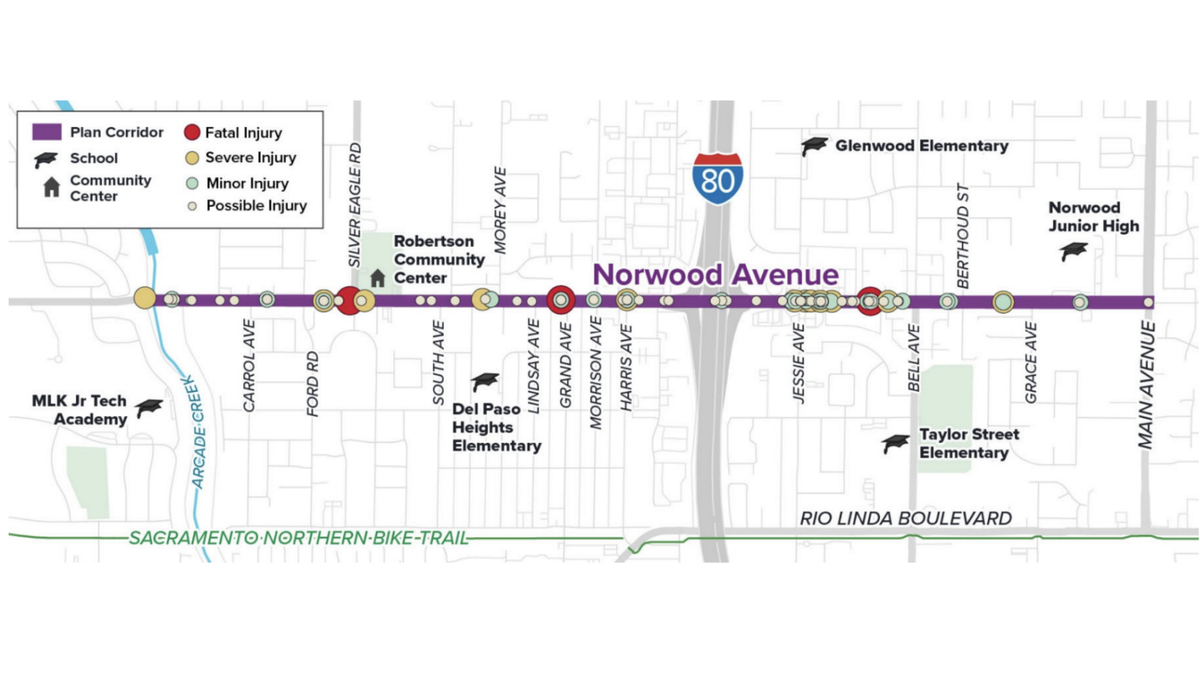 A diagram of the 137 injury-causing crashes on Norwood Avenue from Main Avenue to Arcade Creek during a 5-year span. The city has identified this two-mile stretch as a priority corridor to be redesigned.