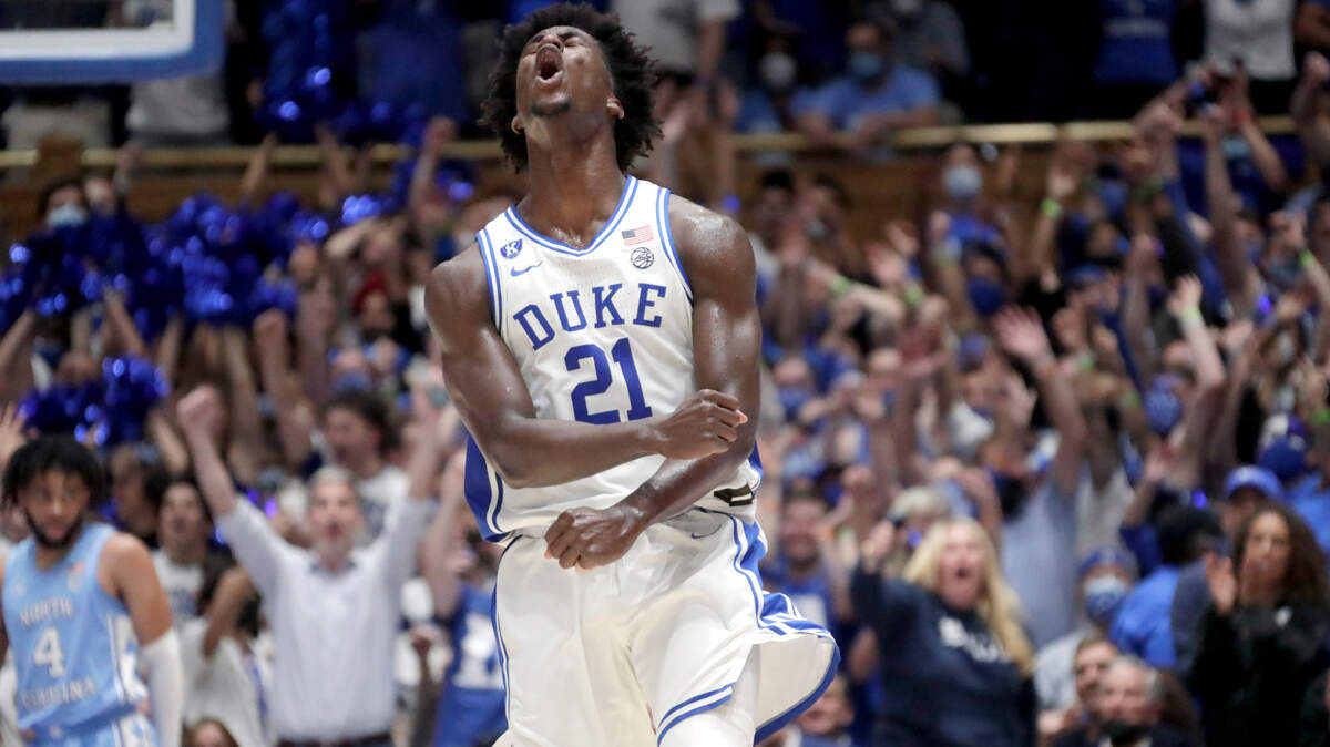 Duke forward AJ Griffin (21) celbrates after hitting a three point shot against North Carolina during the first half of an NCAA college basketball game Saturday, March 5, 2022, in Durham, N.C. (AP Photo/Chris Seward)