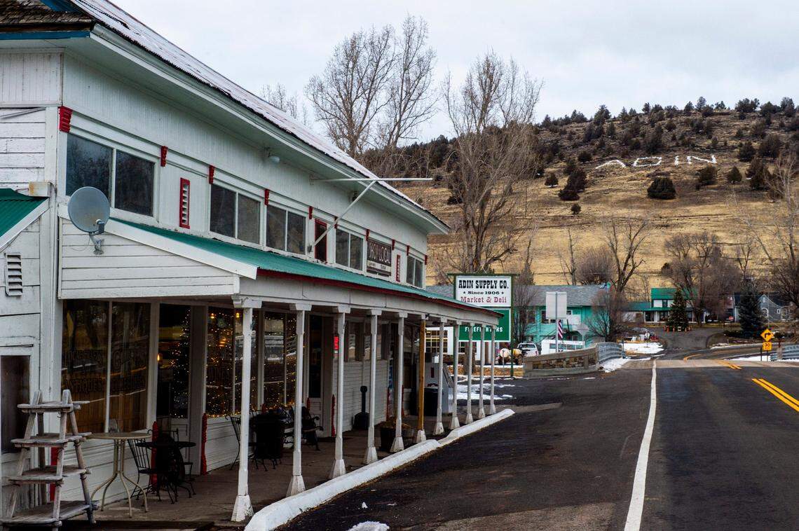 Holiday lights illuminate the Gagnon family’s Adin Supply Co. in Modoc County in 2020.