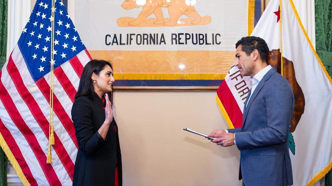 Khydeeja Alam is sworn in as executive director of the California Commission Asian and Pacific Islander American Affairs by Assembly Speaker Robert Rivas on Dec. 20. Alam said she will focus on Stop the Hate initiatives and uplifting AAPI communities.