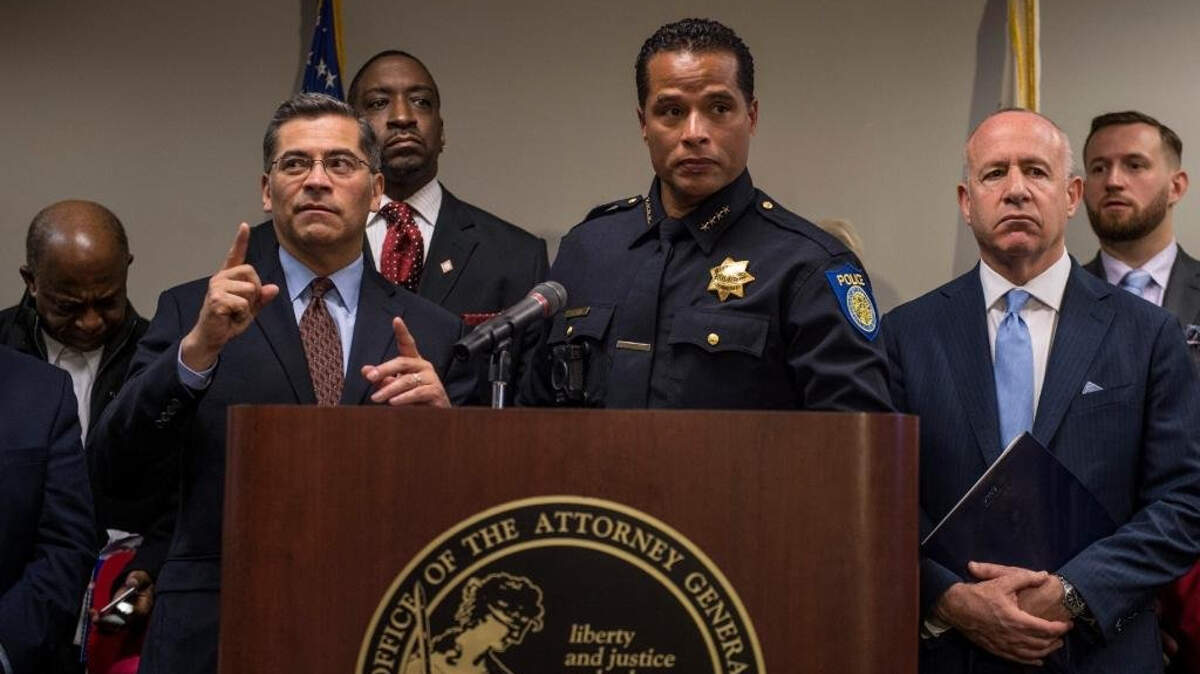 Attorney General Xavier Becerra, left, answers questions with Sacramento Police Chief Daniel Hahn, center, and Sacramento Mayor Darrell Steinberg, right, at a press conference in Sacramento, Calif., on Tues., March 27, 2018. Two of Hahn’s police officers shot and killed Stephon Clark who was found only holding a cell phone.