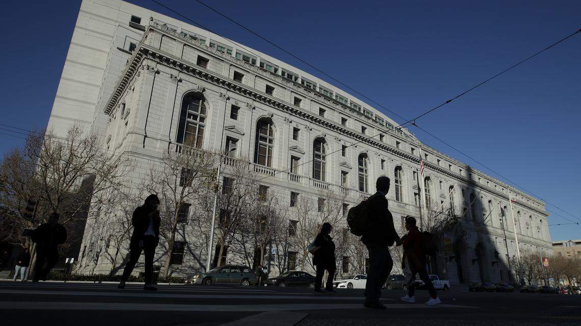 The Earl Warren Building, headquarters of the Supreme Court of California and part of the Ronald M. George State Office Complex, is shown in San Francisco. The state’s high court on Thursday ruled that public agencies cannot require fees for redacting police body camera video before releasing it. The case involved footage of a Black Lives Matter protest.