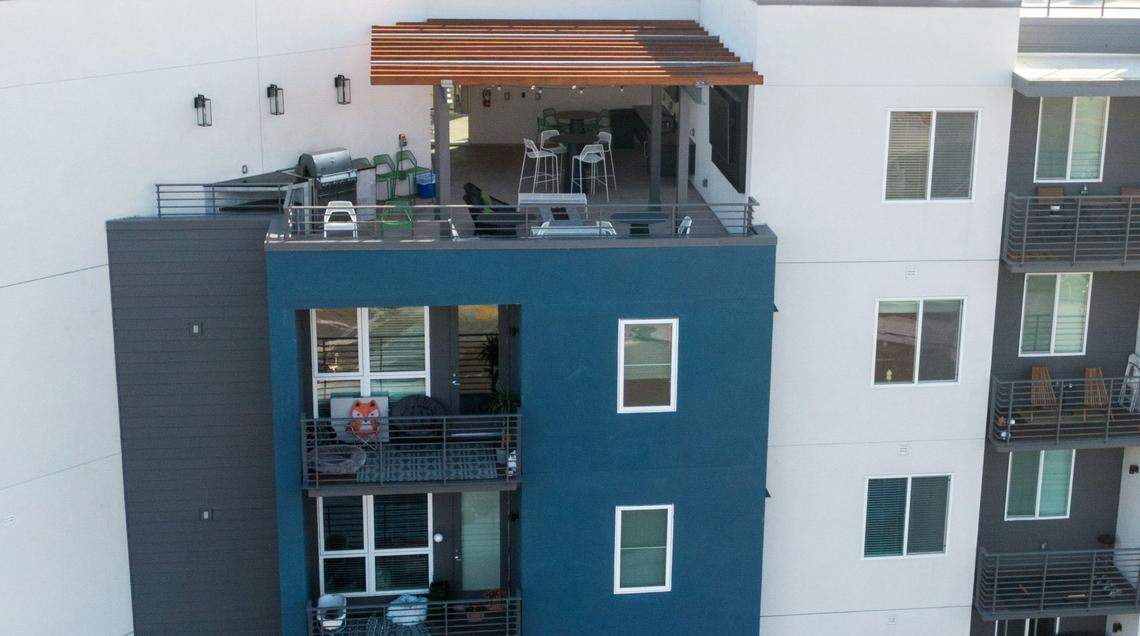 The apartments at 805 Riverfront, photographed by drone on Dec. 6, 2024, feature a viewing deck that allows residents to view baseball games at Sutter Health Park 