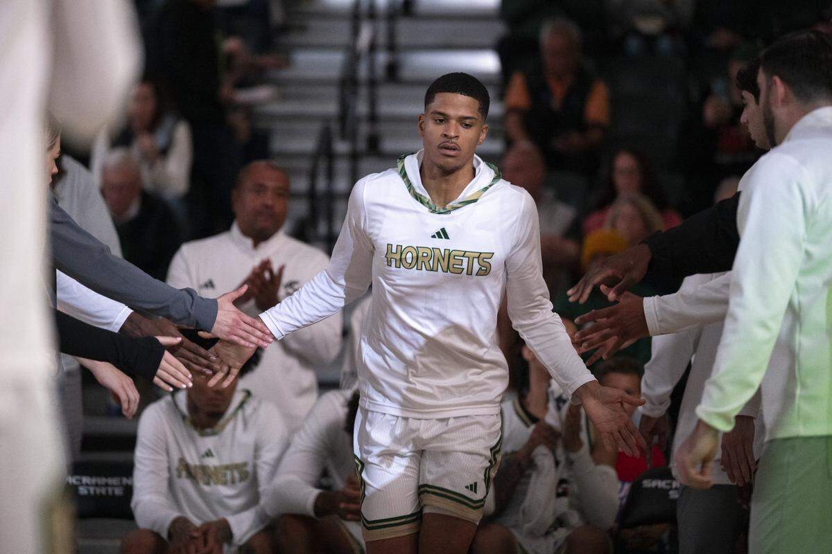 Sacramento State forward Shaqir O'Neal (8) is introduced before a game between Sac State and Presbyterian at Hornet Pavilion in Sacramento on Sunday, Nov. 16, 2025.