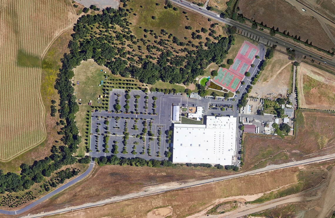 A 2019 aerial image shows the Bethany Slavic Missionary Church complex at 9880 Jackson Rd. in Sacramento County.