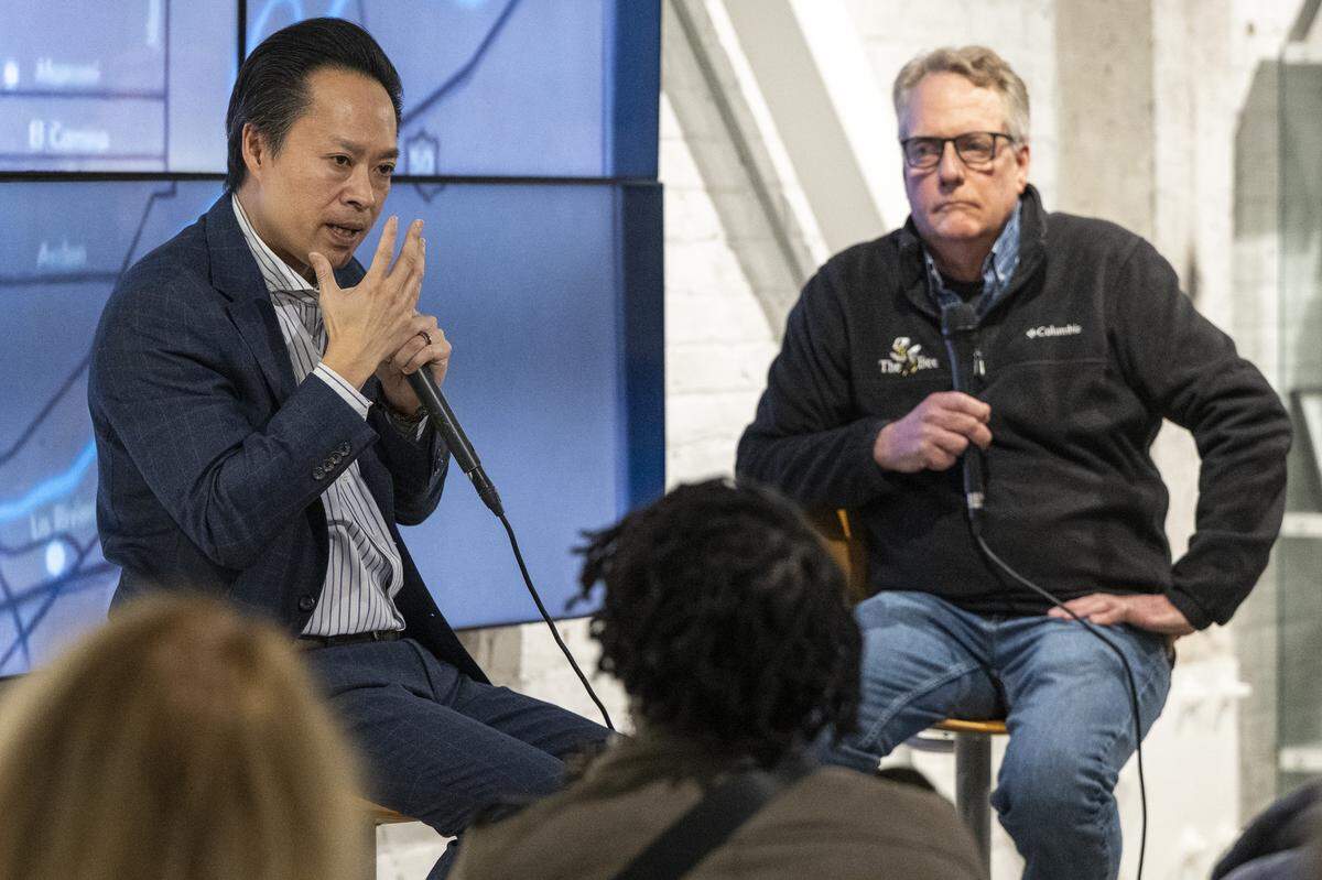 Former Sacramento Bee reporter Sam Stanton, right, interviews Sacramento County District Attorney Thien Ho about Ho’s experience prosecuting the Golden State Killer during a live Q&A at The Sacramento Bee’s office in Sacramento on Tuesday, Dec. 9, 2025.