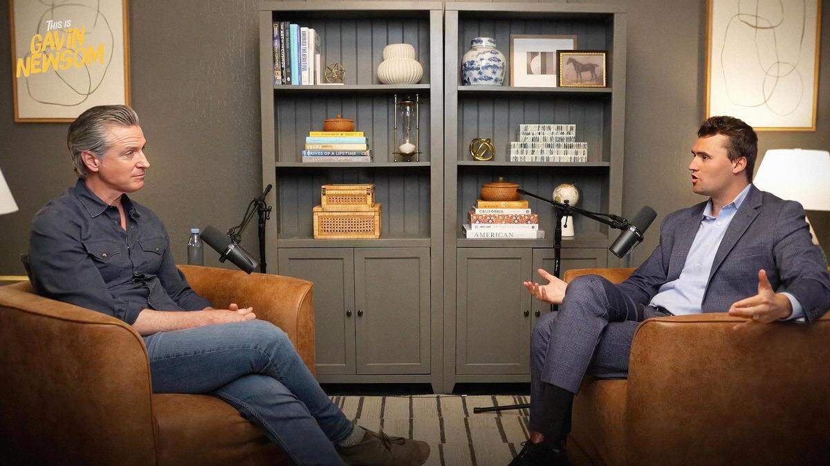 California Gov. Gavin Newsom speaks with Turning Point USA conservative activist Charlie Kirk during the March 6, 2025, debut podcast of “This is Gavin Newsom.” The governor’s podcast was in his home in Marin County, some 90 miles from his official office in Sacramento.