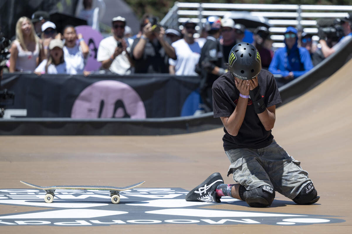 JD Sanchez reacts after falling on his last run during the Moonpay Men’s Skateboard Vert final as a part of X Games Sacramento at Cal Expo in Sacramento on Sunday, June 28, 2026.