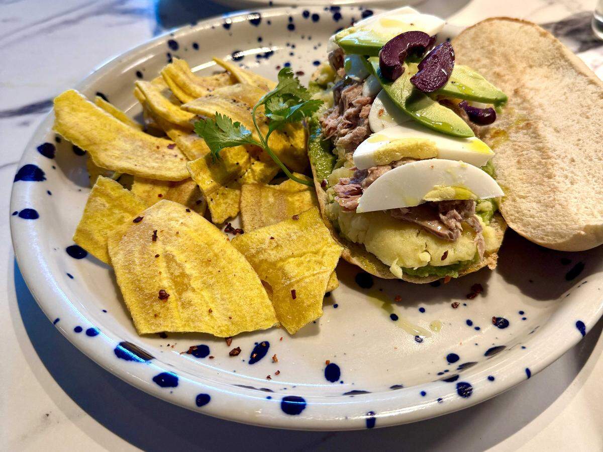 Ernesto Delgado's Peruvian-inspired restaurant Octopus Peru serves a sandwich version of causas, a dish of cold mashed potatoes with tuna and egg.