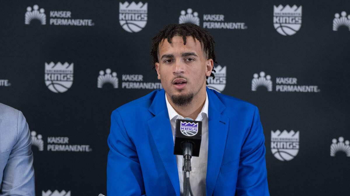 Sacramento Kings 54th draft pick Jalen Slawson on Tuesday, June 27, 2023 speaks during his introduction with 34th pick Colby Jones.