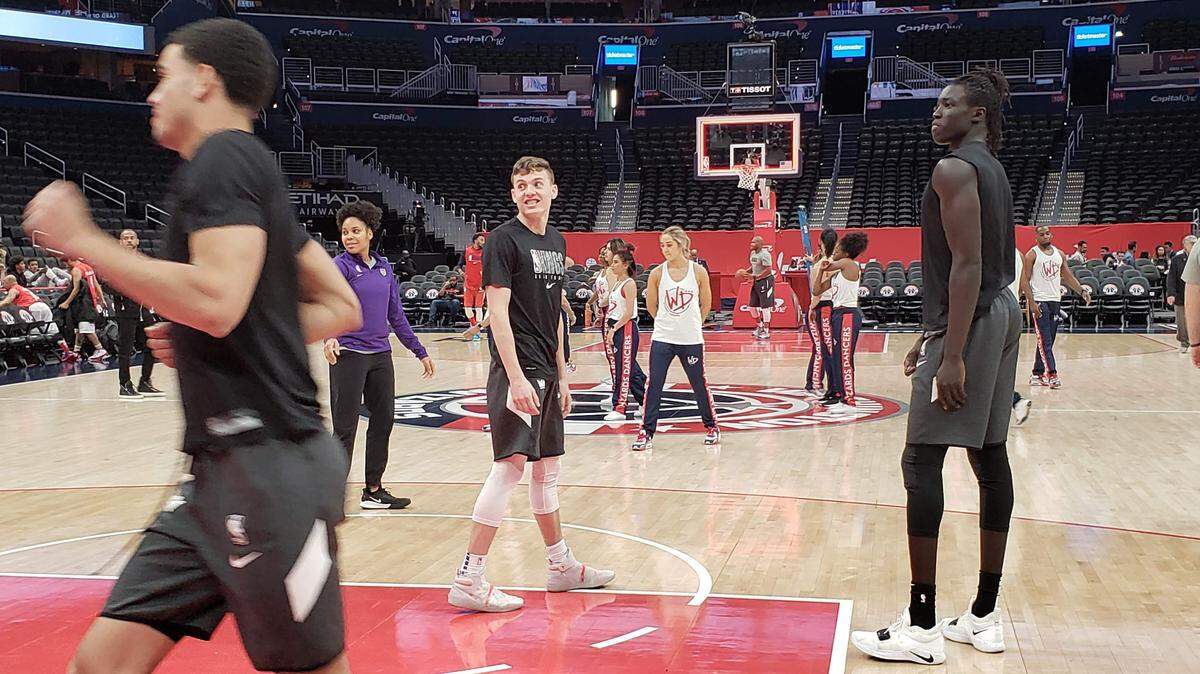 Kyle Guy smiles during warmups before the Kings’ game with the Washington Wizards in November.