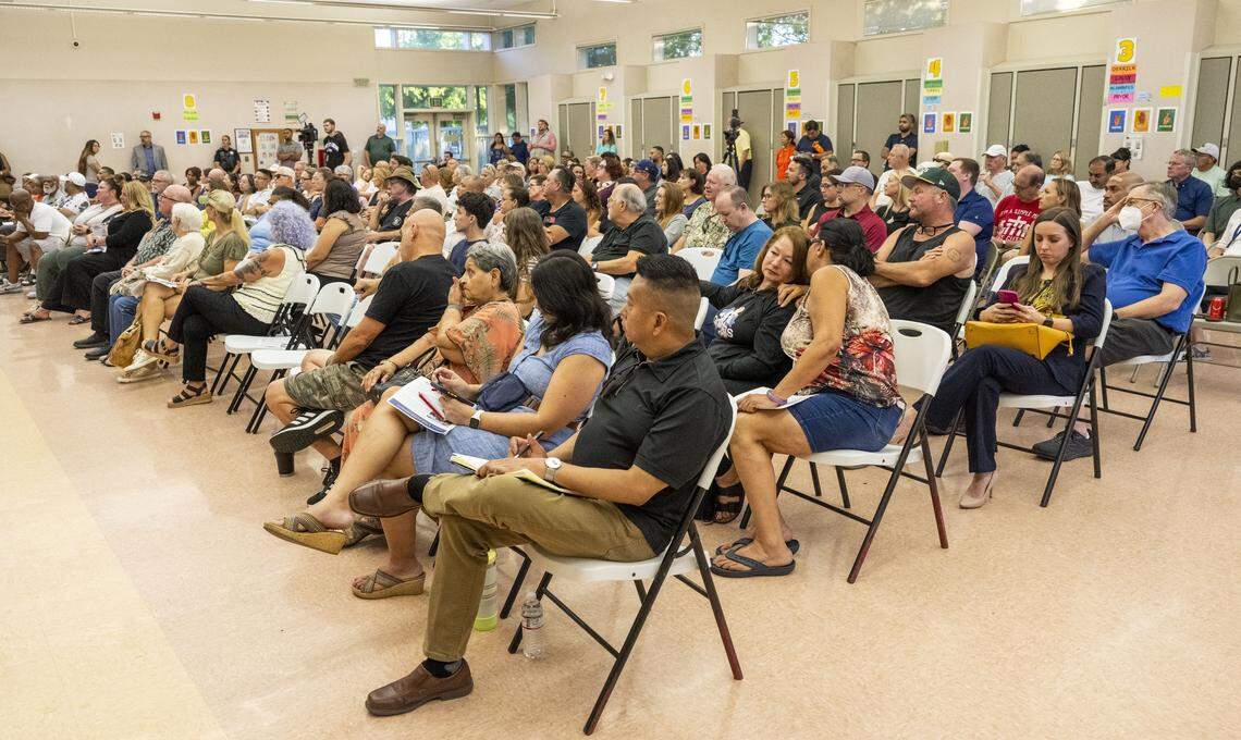 Sacramento residents attend a community meeting about a future homeless micro-community in North Natomas on Monday at Witter Ranch Elementary School.